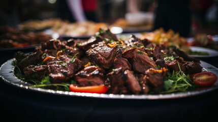This appetizing image features a plate of perfectly grilled meat, elegantly displayed on a wedding or restaurant buffet, promising a delightful culinary experience for attendees. - obrazy, fototapety, plakaty