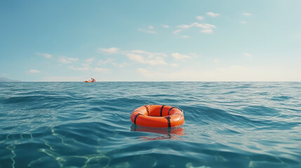 Fototapeta premium A rescue buoy, also known as a life buoy, floating in the sea, ready to save individuals from drowning.