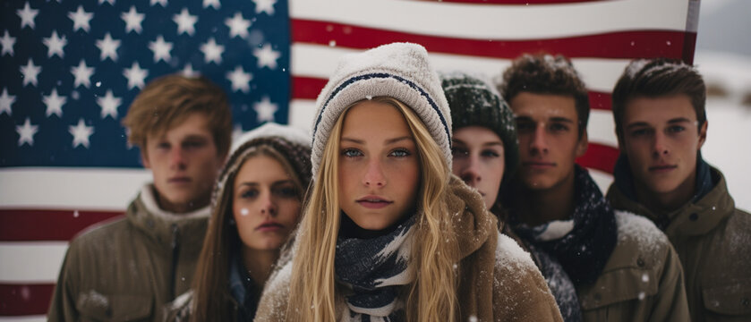 portrait of a group of patriotic american teens in front on a usa flag in winter