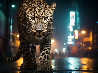A Photo of a Leopard on the Street of a Major City at Night
