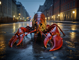 A Photo of a Lobster on the Street of a Major City at Night