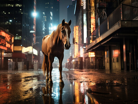 A Photo of a Horse on the Street of a Major City at Night