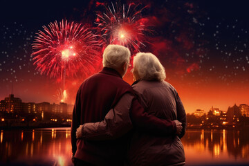 Elderly couple hugging each other enjoying fireworks over the city at night. Generated by AI