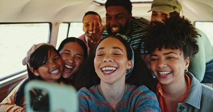 Selfie, road trip and friends in a van happy, smile and show peace sign while bonding in freedom. Social media, profile picture and group of people with child in a camper excited for traveling photo