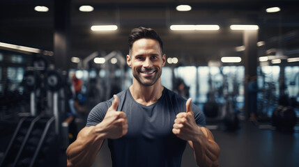 Obraz premium A fitness coach, in a gym setting, enthusiastically holds both thumbs up, exuding positivity and motivation, with a blurred gym background.