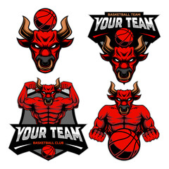 Basketball Shield Emblem Badge Club logo with a mascot of bull head and half a body. set of logo variations