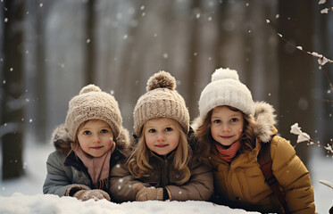 Fototapeta premium portrait of a group of toddlers in a winter landscape
