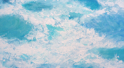 Blue and white acrylic art background blue sky oil painting on canvas texture background.