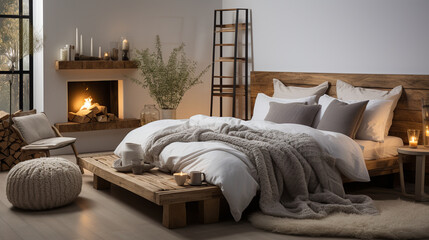 A serene bedroom with a fireplace, soft blankets, and a cat and dog snuggled together at the foot of the bed, creating an atmosphere of pure winter comfort