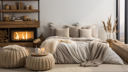 A serene bedroom with a fireplace, soft blankets, and a cat and dog snuggled together at the foot of the bed, creating an atmosphere of pure winter comfort - obrazy, fototapety, plakaty