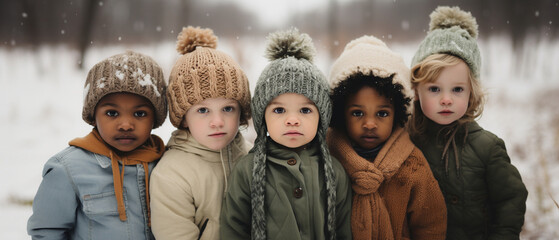 portrait of a group of toddlers in a winter landscape