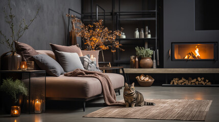 A modern loft apartment with an industrial-style fireplace, where a cat sprawls on a concrete floor, and a dog rests on a designer couch, all in perfect harmony