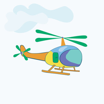 vector illustration of cartoon colored helicopter flying up in the clouds.Template for social media posts, stories, banners for kids, books, applications, covers, wallpapers, stickers, business cards