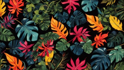 Tropical leaves in a bright coloured pattern on a dark background

