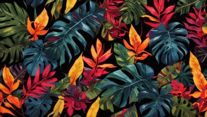 Fototapeta na wymiar Tropical leaves in a bright coloured pattern on a dark background