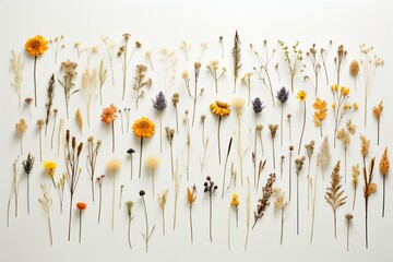 Bird's-eye view of dried wildflowers arranged on a plain white surface. Generative AI - obrazy, fototapety, plakaty