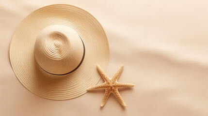 Beach hat and starfish on beige background, top view