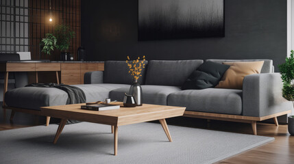 Modern living room with grey sofa and wooden coffee table