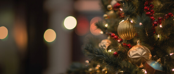 Fragment of a festively decorated Christmas tree with a blurred bokeh of lights in the far background