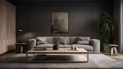 Fototapeta na wymiar Modern living room with grey sofa and wooden coffee table