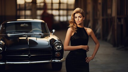 Obraz na płótnie Canvas Fashion Model in Classic Black Dress Posing with Vintage Sports Car