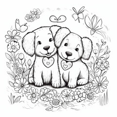 Fototapeta premium Cat dog friends who are in a heart of love and friendship day, coloring page