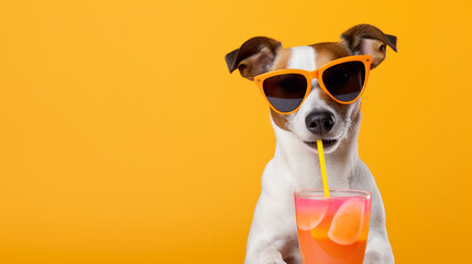 A happy jack russell drinks an orange, citrus drink or soft drink, on a yellow background - obrazy, fototapety, plakaty