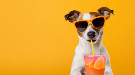 Poster A happy jack russell drinks an orange, citrus drink or soft drink, on a yellow background © Peludis