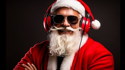 Santa Claus or Santa Claus is happy because it is Christmas and he uses headphones and sunglasses