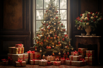 Fototapeta na wymiar Joyful Christmas Tree with Colorful Gifts, Festive Holiday Concept