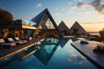 Modern architecture penthouse with pyramids in the background.
