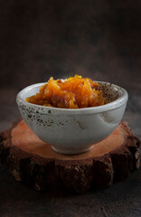 Homemade apple chutney made from fresh juicy apples. Close-up, selective focus. Traditional Indian food.