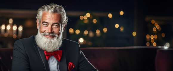 Santa Claus in a sleek black suit, confidently posing with a sly smile, banner