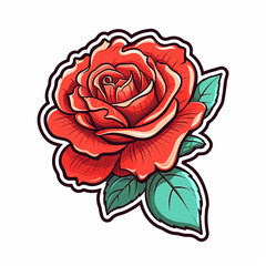 Simple red rose sticker style on white. Flower icon sign.
