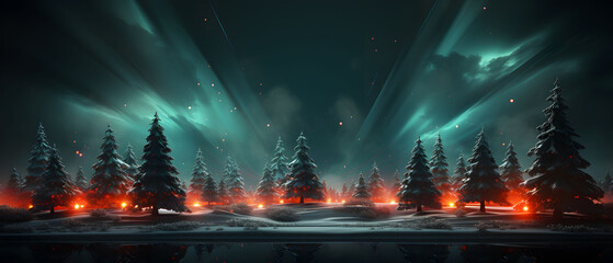 Christmas and New Year banner in dark green with fir trees and northern lights with copy space