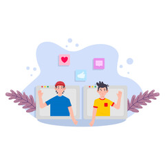 Online dating concept. Couple of man and woman sitting on the tablet screen. Vector illustration