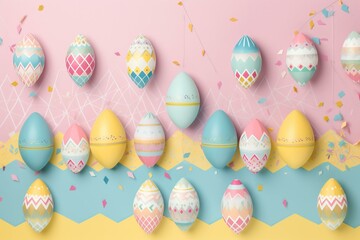 Colorful Easter egg backdrop with blue, yellow, and pink eggs adorned with floral and triangle designs. Generative AI
