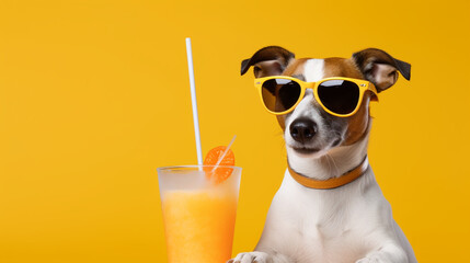 A happy jack russell drinks an orange, citrus drink or soft drink, wearing a sunglasses, spring and summer on a yellow background - obrazy, fototapety, plakaty