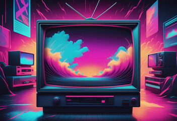 Retro 80s background, sea waves on TV screen, stylized illustration