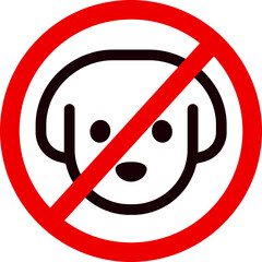 No pets allowed icon. Dog face icon in crossed red circle. Vector illustration.