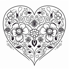 Mandala in the shape of a heart black and white coloring page for the day of love and friendship