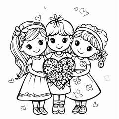 Coloring pages, black and white of the day of love and friendship, girls who are friends