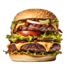 Tasty Double Beef Burger - Big Fresh Juicy Cheeseburger Fastfood with Beef Patty, Tomatoes, Cheese, Cheddar, Lettuce, Ketchup Isolated on Transparent White Background for Menu, Generative AI