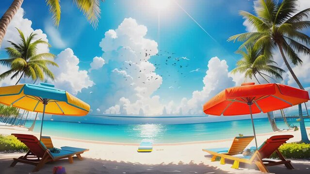 beach with palm trees in summer vacation. Cartoon or anime illustration style. seamless looping 4K time-lapse virtual video animation background.