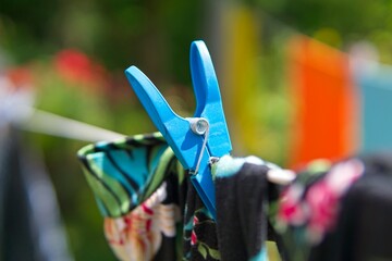 hanging laundry in the garden on a string              