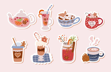 Set  stickers . Winter hot drinks.Vector illustration