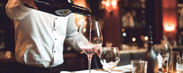 A waiter in a white shirt pours red wine from a bottle into a glass close-up. Banner. - Powered by Adobe