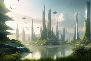 Cityscape with futuristic spacecraft and skyscrapers covered in greenery, nestled between a river. Generative AI - obrazy, fototapety, plakaty