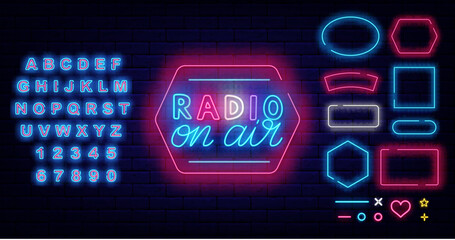 Radio on air neon sign. Streaming label. Online streaming concept. Geometric frames collection. Vector illustration