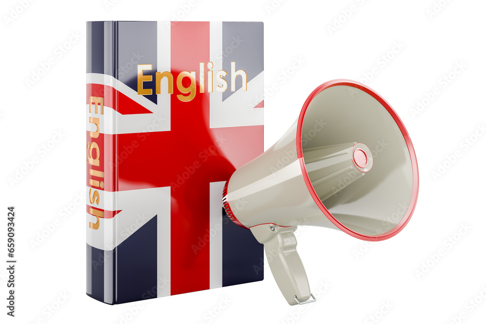 Poster english language textbook with megaphone. courses of english language, 3d rendering isolated on tran